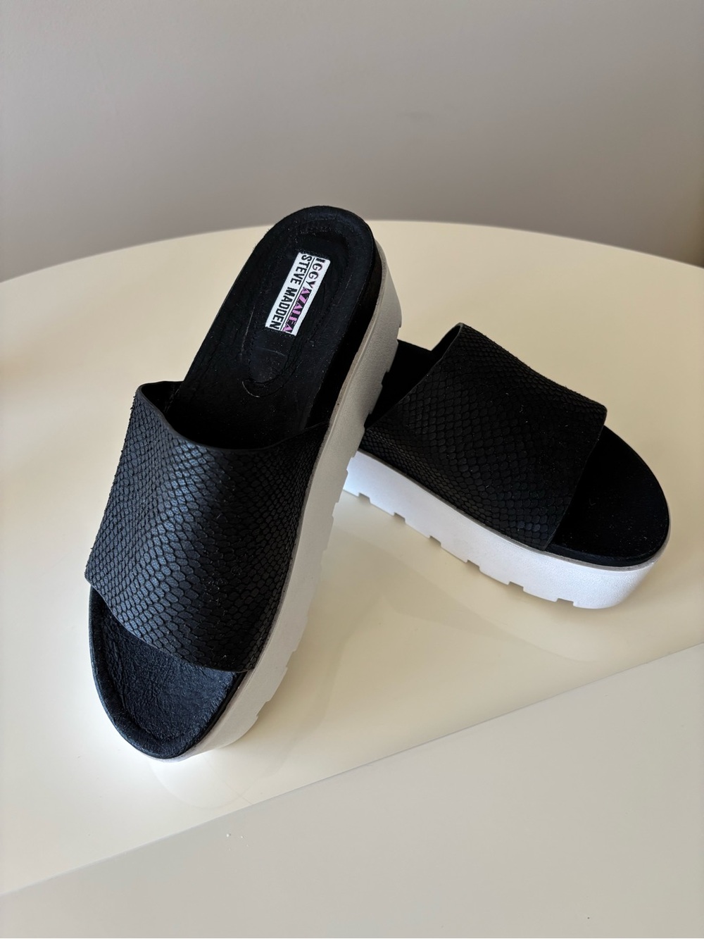 Steve Madden Black Slide Sandals with White Platform Sole